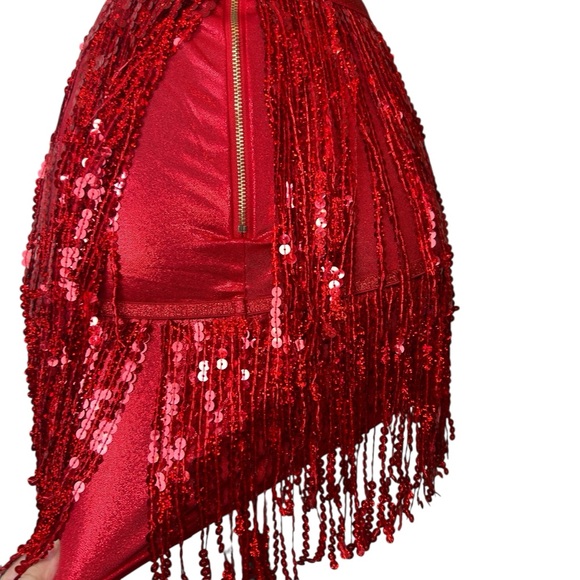 Red Sequins Fringe Skirt High Shine Shimmer Metallic, Performance Wear SZ S - Picture 5 of 17